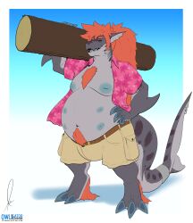 2023 6_nipples absurd_res anthro aquatic areola belly belt bulge claws digitigrade fish gills hi_res log male multi_nipple navel nipples owligatorstudios shark solo wood
