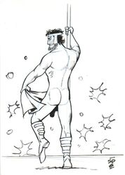 1boy ass avengers boots_only hercules_(marvel) male_only marvel monochrome penis silhouetted_penis straight_hair stripper_pole tagme undressing