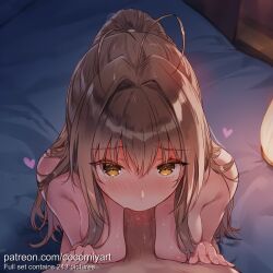 1boy 1girl 2026 ai_generated amagi_brilliant_park antenna_hair blush breasts brown_eyes brown_hair cocomiyart completely_nude erection fellatio from_above hair_between_eyes hair_intakes heart hetero highres indoors kneeling large_breasts long_hair looking_at_viewer medium_breasts nipples nose_blush nsfw nude on_bed oral penis ponytail pov saliva sento_isuzu sidelocks solo_focus sweat uncensored