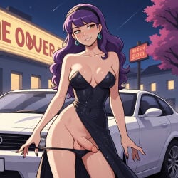 1futa ai_generated amber_eyes boobly car dress earrings erection exposed_balls futa_only futanari gown light-skinned_futa light_skinned long_hair medium_breasted_futa medium_breasts outdoors panties panties_down posing public public_exposure public_nudity purple_hair realistic_breast_size realistic_penis_size realistic_proportions solo solo_futa strapless strapless_dress