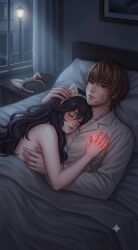 ai ai_art ai_generated bed cat_girl catgirl clarice_(sona) couple death_note hetero light_yagami lipstick lipstick_mark lipstick_marks oc_x_canon self_insert selfship selfshipping yagami_light yumeship yumeshipping
