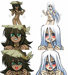 armlet blue_eyes blush bracelet breasts brown_hair censor_hair choker clenched_teeth convenient_censoring dancing dark-skinned_female dark_skin duo embarrassed female fundoshi green_eyes jewelry kisara large_breasts long_hair mana_(yu-gi-oh!) open_mouth parody smile topless white_hair yu-gi-oh! yu-gi-oh!_duel_monsters zuino