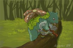 2009 bound buggery color cum feral flora_fauna forest interspecies larvitar_(artist) male male_only multiple_males nintendo outdoors penis pokémon_(species) pokemon pokemon_rgby sex shell side_view size_difference tagme venusaur wartortle yaoi