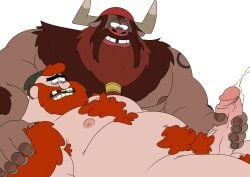 beard body_hair chest_hair chutzpar cum cywolf49 gravity_falls headwear horn horns male male/male male_only manly_dan manotaur masturbating masturbation musclegut muscular muscular_male mustache nipples pubic_hair shoulder_hair tattoo