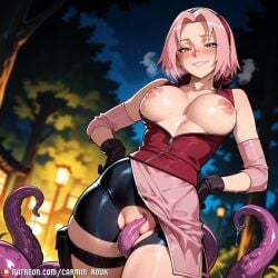 1girl ai_generated bare_shoulders bike_shorts black_gloves black_shorts blurry blurry_background blush boruto boruto:_naruto_next_generations breasts breasts_out carminroux collarbone cowboy_shot elbow_pads elbow_sleeve gloves green_eyes grin hairband hands_on_own_hips haruno_sakura headband lamppost large_breasts looking_at_viewer naruto naruto_(classic) naruto_(series) naruto_shippuden night night_sky nipples no_bra nose_blush open_clothes outdoors parted_lips patreon_username pink_hair pussy red_shirt sakura_haruno shiny_skin shirt short_hair short_shorts shorts skirt sky sleeveless smile solo standing sweat tentacles thigh_pouch thigh_strap thighs torn_clothes tree uncensored web_address zipper zipper_pull_tab