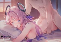 1boy 1girl ai_generated ass blue_eyes braid citlali_(genshin_impact) doggystyle from_behind genshin_impact hair_ornament halo hetero large_breasts looking_at_viewer nsfw nude open_mouth pink_hair purple_hair sex stormiaart sweat uncensored vaginal