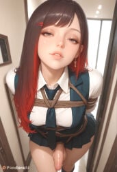 absurd_res ai_generated arms_behind_back artist_name artist_upload bdsm black_skirt blue_necktie bondage bound breasts brown_eyes brown_hair collared_shirt crossdressing doorway earrings erection femboy femboy_focus feminine_male gay gradient_hair hair_ornament hairclip hi_res indoors jewelry lips long_hair looking_at_viewer medium_breasts miniskirt more_at_source multicolored_hair necktie nose pandora parted_lips patreon patreon_username penis pleated_skirt red_hair rope self_upload shibari shibari_over_clothes shirt skirt socks solo testicles transgender two-tone_hair uncensored vest watermark white_shirt