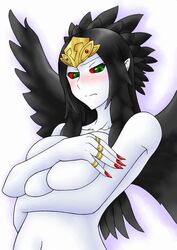 black_wings blush breasts covering covering_breasts fabled_grimro fiend_roar_deities fiend_roar_deity_grimlo jewelry large_breasts long_hair pataryouto pointy_ears red_sclera ring wings yu-gi-oh! yuu-gi-ou_duel_monsters