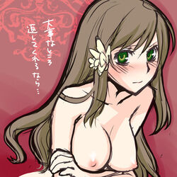 axis_powers_hetalia brown_hair elizaveta_hedervary flower flower_in_hair green_eyes hand_under_breasts hungary_(hetalia) long_hair looking_at_viewer translation_request