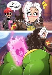 1boy 1girls ass breasts embarrassed female female_focus gambit gambit_(marvel_rivals) large_ass light-skinned_female light_skin male marvel marvel_rivals riragira rogue_(marvel_rivals) rogue_(x-men) thick_thighs thighs wide_hips x-men