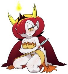 2017 4_fingers blush breasts centinel303 cleavage clothed clothing demon demon_humanoid digital_media_(artwork) disney dress eyelashes fangs female fingers fire hair hair_over_eye hekapoo horn horned_humanoid humanoid humanoid_pointy_ears long_hair looking_at_viewer not_furry one_eye_obstructed orange_eyes pointy_ears pupils red_hair seductive slit_pupils solo star_vs_the_forces_of_evil teeth white_body white_skin wide_hips yellow_sclera