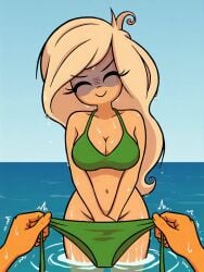 blonde_female blonde_hair coco_schoppenboer covering_crotch covering_self holding_bikini_bottom holding_underwear long_hair mymy_schoppenboer ocean ongezellig pov pov_hands pov_male swimsuit tagme wet wet_skin yellow_body yellow_skin
