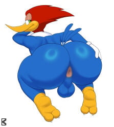 anthro anus avian backsack balls beak bedroom_eyes big_butt bird blue_body blue_feathers brouva butt feathers genitals huge_butt looking_at_viewer looking_back looking_back_at_viewer male narrowed_eyes picid piciform presenting presenting_hindquarters seductive short_tail simple_background solo tail the_woody_woodpecker_show universal_studios white_background woodpecker woody_woodpecker