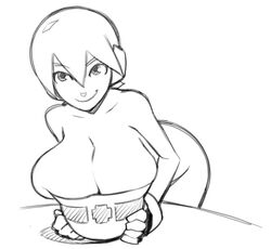 1hirls aile breast_squeeze helmet huge_breasts mega_man mega_man_zx monochrome nude short_hait solo sub_tank