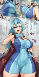 1girl absurdres ass backwards_hat baseball_cap black_cape blue_bodysuit blue_eyes blue_gloves blue_hair bodysuit bouncing_breasts breasts cameltoe cape clair_(pokemon) commentary_request covered_navel covered_nipples earrings ethan_(pokemon) faceless faceless_male gloves hat highres jewelry large_breasts long_hair looking_at_viewer open_mouth pokemon pokemon_heartgold_and_soulsilver pokemon_masters_ex ponytail smile tooth_earrings type-dog unitard
