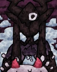 anthro bodily_fluids bovid caprine deltarune duo female genital_fluids genitals goat goo_creature hi_res horn imminent_sex male mammal monster mostly_offscreen_male pubes ralsei roaring_knight scaliescum small_waist snow sweat sweatdrop undertale_(series) vaginal_fluids vulva