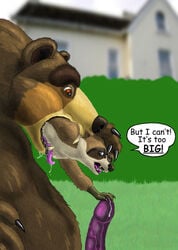 anthro bear dreamworks duo erection feral furry hand_on_penis imminent_death interspecies male/male mammal nonconsensual over_the_hedge paramount_pictures penis raccoon rj_(over_the_hedge) speech_bubble strega ursid ursine vincent_(over_the_hedge) vore