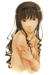 amagami breast_hold breasts brown_hair covering covering_breasts hairband morishima_haruka nude nude_cover suda_(yuunagi_enikki) yuunagi