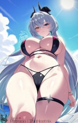 1girl bikini black_bikini black_horns blue_eyes blue_sky breasts cameltoe from_below grey_hair heterochromia highres horns large_breasts long_hair navel patreon_username sky solo stomach sun sunbringer_(zenless_zone_zero) swimsuit theheatnix thigh_strap thighs very_long_hair yellow_eyes zenless_zone_zero
