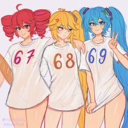 67 68 69 9/11 akita_neru annoyed blush blushing female_only hatsune_miku hugging hugging_another hugging_from_behind kasane_teto kitsukifluff ponytail smile smiling translucent_clothing twin_drills twin_towers twintails