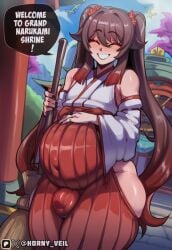1boy ai ai_art ai_generated artist_name bare_shoulders big_belly black_nails blush broom brown_hair bulge closed_eyes detached_sleeves english_text femboy flower genderswap genderswap_(ftm) genshin_impact gradient_hair grin hair_ornament hakama hakama_skirt holding holding_broom horny_veil hu_tao_(genshin_impact) japanese_clothes jewelry long_hair male_focus miko multicolored_hair otoko_no_ko outdoors patreon_logo patreon_username pregnant red_hakama ring smile solo speech_bubble standing twintails twitter_username twitter_x_logo very_long_hair wide_sleeves