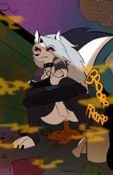 alley alternative_fashion anthro anus bottomwear bottomwear_down canid canid_demon canine choker clothed clothing collar crouching demon ear_piercing feces feces_in_ass feces_on_ground feces_pile female fur gaap genitals grey_hair hair hellaverse hellhound helluva_boss hi_res jewelry loona_(helluva_boss) mammal mythological_canine mythological_creature mythology necklace onomatopoeia partially_clothed piercing pooping pooping_on_floor pooping_outside red_sclera scat shorts shorts_down smelly solo sound_effects spiked_collar spikes text toilet_paper vulva white_body white_eyes white_fur