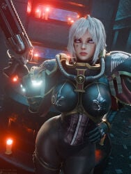 3d 3d_(artwork) 3d_model 3d_render adepta_sororitas armored_dress armored_female cinematic cinematic_lighting close_up clothed female female_only glowing_eyes guns neon_lights portrait purple_eyes short_hair sister_of_battle stockings thighs wallpaper warhammer_(franchise) warhammer_40k white_hair