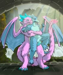 anthro anthro_on_anthro aurorae blue_body blue_fur blue_penis bodily_fluids carrying_another claws dragon duo fluffy fluffy_tail frottage fur furred_dragon furred_kobold furred_scalie genital_fluids genitals grabbing_from_behind hi_res hug hugging_another hugging_from_behind kaeru kobold long_tail male male/male mythological_creature mythological_scalie mythology nature penile penis penises_touching pink_body pink_fur precum scalie sex size_difference spread_wings standing sycro tail teal_penis thigh_sex tongue tongue_out waterfall wings