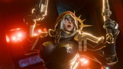 3d 3d_(artwork) 3d_model 3d_render adepta_sororitas armored_dress armored_female cinematic cinematic_lighting close_up clothed desktop_wallpaper female female_only glowing_eyes golden_aura guns neon_lights portrait purple_eyes sfw sfw_version short_hair sister_of_battle stockings thighs wallpaper warhammer_(franchise) warhammer_40k white_hair