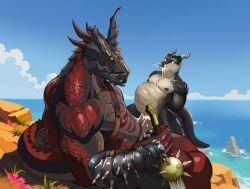 abdominal_bulge accessories_only anthro armor baldur's_gate baldur's_gate_3 biceps bodily_fluids clothing cloud cum cum_from_mouth cum_in_mouth cum_inside cum_vomit dragon drooling duo ejaculation gauntlets genital_fluids genitals gloves handwear headgear helmet holding_melee_weapon holding_object holding_sword holding_weapon horn inflated_belly inflation isaaac_owo kobold larian_studios looking_pleasured male male/male melee_weapon muscular muscular_male mythological_creature mythological_scalie mythology nipples non-mammal_nipples nude open_mouth outside penetration penis questionable_consent restrained_arms saliva scales scalie sea sitting size_difference slit_penetration slit_play sword the_dark_urge_(baldur's_gate) vein veiny_penis water weapon yellow_eyes