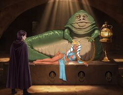 1girls 2boys ahsoka_tano anakin_skywalker blue_eyes bocas_top brown_hair chain_leash chained harem_girl harem_outfit hutt jabba's_palace jabba_the_hutt jedi loincloth nic0_robin69 slave slave_ahsoka slave_collar slave_girl slave_outfit star_wars togruta