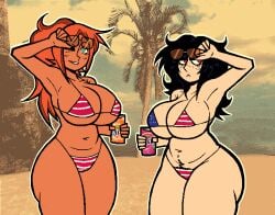 2girls american_flag_print beach beach_background big_breasts bikini_only flag_bikini flag_print huge_breasts huge_thighs needlemouse_(series) needymouse oc original_character sarah_henderson_(needlemouse) tagme thighs ykujo