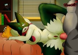 4_fingers abdominal_bulge absurd_res anal anal_penetration anthro areola balls bed big_balls big_breasts big_butt big_penis breasts butt chaningham claws countershade_torso countershading curvy_figure fangs felid feline female female_anthro fingers fur furniture generation_9_pokemon genitals green_body green_fur grey_body grey_fur hair hi_res holding_leg long_hair looking_at_another male male/female mammal meowscarada motion_lines nintendo nipples on_bed pallas's_cat penetration penis pink_eyes pink_penis pokemon pokemon_(species) red_areola red_nipples red_vulva sharp_teeth smile spread_legs spreading striped_body striped_fur stripes teeth thick_thighs voluptuous vulva wide_hips