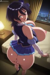 1girl ai_generated anus asaba_ibuki ass bed black_hair blue_skirt breasts breasts_out censored detached_sleeves digitalwaifugallery from_above from_behind green_eyes hi_res high_quality high_resolution indoors large_breasts looking_at_viewer looking_back necktie night nipples open_mouth patreon pleated_skirt pussy seductive sexy short_hair skirt smile solo standing uncensored watermark window
