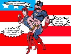 1boy 1girls abs areola biceps boots bossbeat breasts captain_america captain_america_(series) dialog doggy_style english female heroes_reborn high_heel_boots high_heels male marvel marvel_comics mask muscles nipples pecs rebecca_barnes red_hair rule_63 sex steve_rogers straight straight_hair tagme