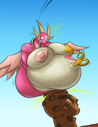 anthro belly big_belly big_breasts big_nipples bodily_fluids breasts card dragon eyelashes feathered_wings feathers female heartlandraco hi_res horn huge_breasts hyper hyper_belly konami machine markings navel nipple_outline nipples non-mammal_breasts obese overweight overweight_anthro overweight_female pasties pink_body robot scared shinysteel solo star stuck sweat symbol white_body wide_hips winding_key wings yu-gi-oh!
