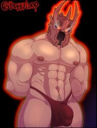 1boy abs bara big_muscles buffyloop bulge evil_eyes gay helmet knight male male_only masked muscular muscular_male nipples overlord_(game_series) pecs pubic_hair red_eyes shiny_skin simple_background solo solo_male the_overlord thong