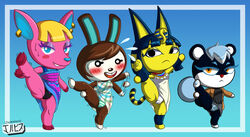 2020 animal_crossing ankha anthro black_eyes black_fur blue_eyes blue_fur blue_hair blush brown_fur brown_hair carmen_(animal_crossing) deer exercise fanart feline fuchsia_(animal_crossing) furry jackintaro nintendo orange_eyes panties pantyshot pink_fur rabbit squirrel tasha_(animal_crossing) white_fur yellow_fur yellow_hair yoga yoga_pose