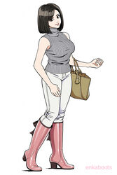 1girls 2d bag black_eyes black_hair bob_cut boots busty enkaboots full_body handbag highres older_female pink_boots pink_footwear rubber_boots short_hair shoulder_bag standing turtleneck turtleneck_sweater