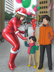 1girls 2d balloon bodysuit boots brown_eyes brown_hair christmas christmas_outfit enkaboots gloves height_difference high_heel_boots high_heels leather red_bodysuit red_boots shoes