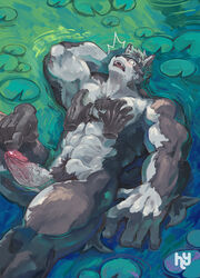 5_fingers abs anthro big_muscles blush body_hair canid canine canis chest_grab chest_hair disembodied_hand erection fingers fur genitals grey_body grey_fur group horkeukamui huge_muscles humanoid_genitalia humanoid_penis hylogon lily_pad male male_only mammal muscular muscular_anthro muscular_male nipples nude open_mouth partially_submerged penile penis plant pubes surprise teeth tokyo_afterschool_summoners vein veiny_penis wolf