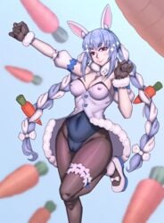 1girls blue_hair braided_hair breasts cameltoe carrot cleavage female female_only gloves hololive hololive_fantasy hololive_japan lycra_(artist) nipples_visible_through_clothing rabbit_ears rabbit_girl red_eyes smile solo thick_thighs twin_braids usada_pekora virtual_youtuber