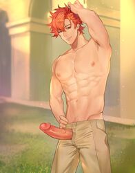 0vv0b 1boy big_penis clothed clothing dick erect_penis erection fire_emblem fire_emblem:_three_houses male_focus male_only muscular_male penis_out presenting presenting_penis solo solo_male sylvain_jose_gautier topless