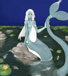 barely_visible_genitalia barely_visible_pussy blue_body blue_eyes breasts female genitals gills grey_tail hair hi_res holding_tail humanoid jpg long_hair looking_at_viewer lotus_(flower) marine merfolk mermaid multicolored_body nipples partially_submerged pond pussy sitting small_breasts solo syvaron water white_body white_hair