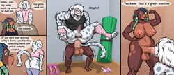 1boy 1futa against_wall anal anal_insertion anal_penetration anal_sex anthro anthro_on_anthro anthro_only anthro_penetrated anthro_penetrating big_ass big_balls big_breasts big_butt biting_lip black_tank_top blowjob blush bragging brown_skin busty couch dumbbells english_text eyes_wide_open fellatio flexing furry futa_is_bigger futa_on_male futa_penetrating_male futanari green_hair hand_on_hip holding_person husband_and_wife kostos_art leaning_forward lip_biting long_hair lube lube_bottle male mouth_open nipple_piercing nose_piercing nose_ring one_eye_covered oral oral_penetration oral_sex piercing pink_top pulling_down_pants showing_ass sloppy_blowjob sofa speech_bubble spots surprised surprised_face surprised_look thick_thighs white_hair wide_hips yoga_mat