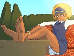 1girls 2018 anonymous_artist bare_legs barefoot breathing colored colored_background crossed_legs dark-skinned_female dark_skin drawfag earrings eyes eyes_open feet female female_only headwear legband legs legs_crossed legs_on_desk little_witch_academia luna_nova_school_uniform panties sitting skirt third-party_edit upskirt wangari_(little_witch_academia)