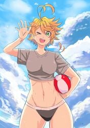 2019 aged_up bikini_bottom clouds deanialsart emma_(the_promised_neverland) female holding holding_object open_mouth the_promised_neverland watermark