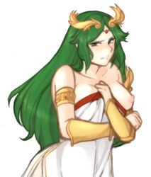 1girls armlet bangs big_breasts blush bracelet breasts collarbone covering covering_breasts dress ear embarrassed embarrassed_nude_female enf female forehead_jewel frown goddess green_eyes green_hair jewelry kid_icarus kid_icarus_uprising large_breasts laurel_crown long_hair looking_at_viewer nipples one_breast_out palutena parted_bangs side_slit sketch solo swept_bangs tiara transparent_background tridisart vambraces wardrobe_malfunction white_dress