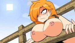 alex_(minecraft) big_breasts breasts female fence minecraft nipples orange_hair outdoors silpaeja sky solo steve_you_gotta_help_me_i'm_stuck stuck tagme