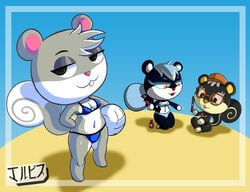 2020 agent_s_(animal_crossing) animal_crossing anthro beach bikini black_fur blaire_(animal_crossing) cleavage fanart furry jackintaro nintendo squirrel squirrel_girl tasha_(animal_crossing) volleyball_(ball) white_hair